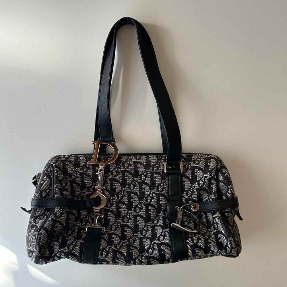 Christian Dior Black Monogram Canvas & Leather Shoulder Bag W/ Metal Logo Charms